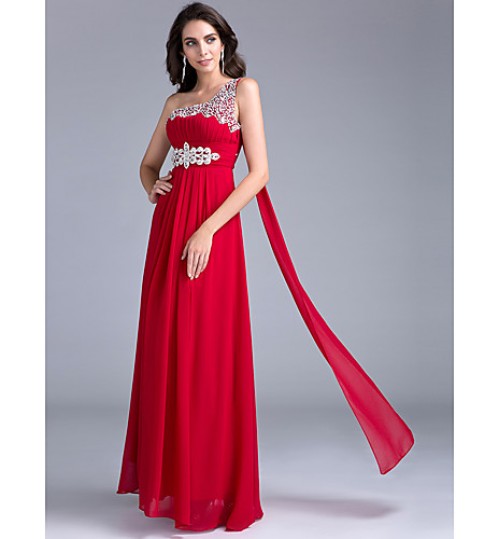 Formal Evening Dress A-line One Shoulder Floor-length Georgette with Beading / Crystal Detailing / Draping / Crystal Brooch / Ruching  