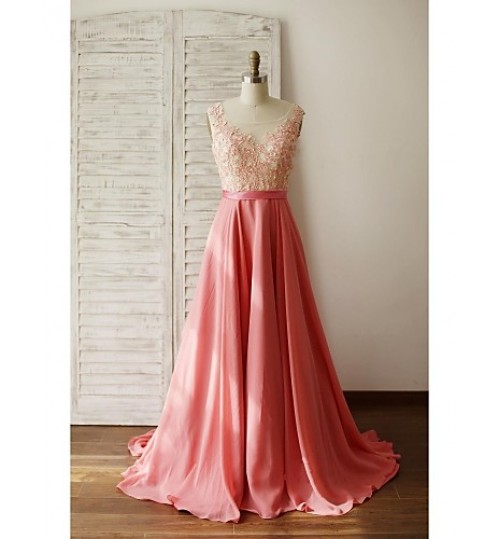 Formal Evening Dress A-line Scoop Court Train Chiffon / Lace with Appliques / Beading / Sash / Ribbon  