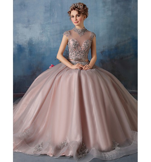 Formal Evening Dress Ball Gown High Neck Floor-length Lace / Tulle / Charmeuse with Beading / Lace / Sash / Ribbon / Sequins  