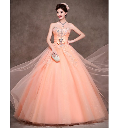 Formal Evening Dress Ball Gown Strapless Floor-length Satin / Tulle / Polyester with Bow(s) / Crystal Detailing / Lace / Sash / Ribbon  