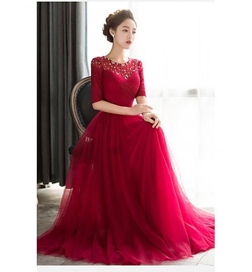 Formal Evening Dress Sheath / Column Jewel Floor-length Tulle with Beading  