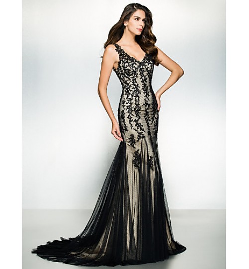 TS Couture? Formal Evening / Black Tie Gala Dress Trumpet / Mermaid V-neck Sweep / Brush Train Tulle with Appliques  