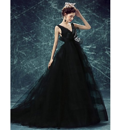 Formal Evening Dress A-line V-neck Sweep / Brush Train Tulle with  