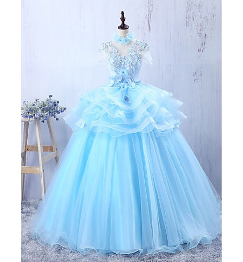 Formal Evening Dress A-line Jewel Floor-length Tulle with Appliques  