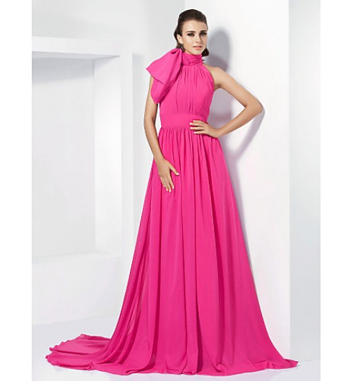 TS Couture? Formal Evening Dress - Elegant Plus Size / Petite A-line / Princess High Neck Court Train Chiffon withBow(s) / Sash / Ribbon / Side  