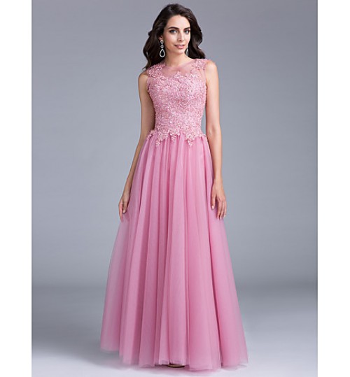 Formal Evening / Black Tie Gala Dress Sheath / Column Bateau Floor-length Tulle with Appliques / Beading  