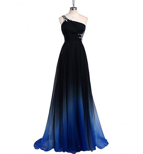 Formal Evening Dress Sheath / Column One Shoulder Sweep / Brush Train Chiffon with Beading / Side Draping  