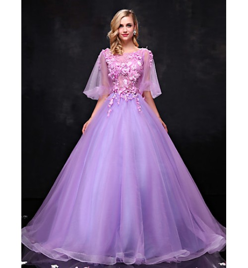 Formal Evening Dress Ball Gown Scoop Floor-length Lace / Tulle with Appliques / Beading / Crystal Detailing / Lace  