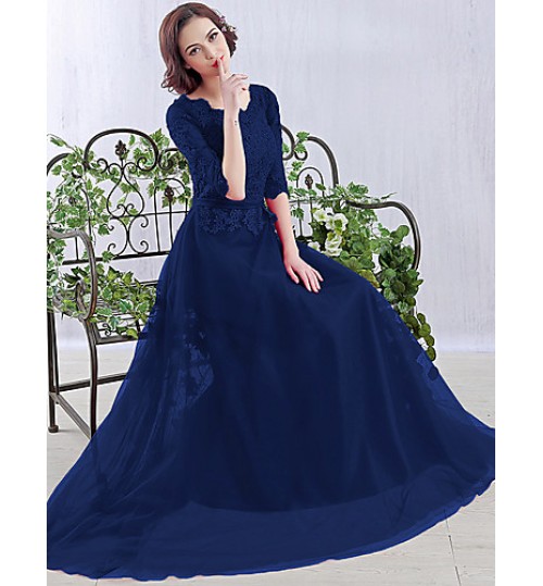 Formal Evening Dress A-line Scoop Floor-length Chiffon with Appliques  