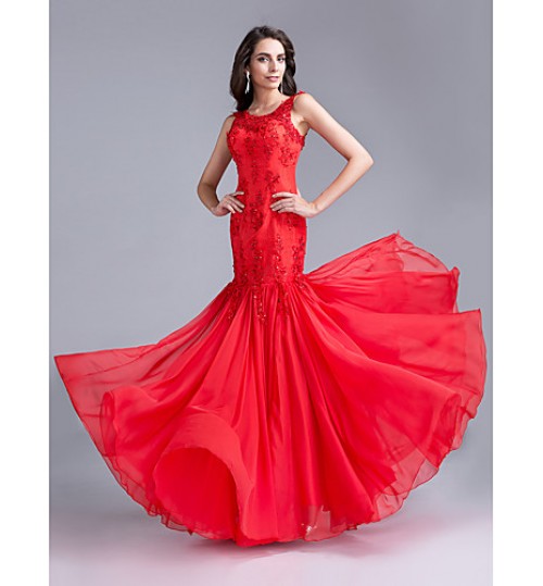 Formal Evening Dress Trumpet / Mermaid Scoop Floor-length Chiffon / Lace with Appliques / Beading  