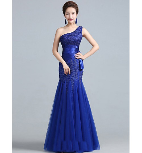 Formal Evening / Military Ball Dress - Lace-up / Elegant Fit &amp; Flare One Shoulder Floor-length Lace / Tulle with Lace  