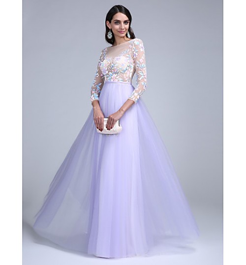 TS Couture? Formal Evening Dress A-line Bateau Floor-length Tulle with Pattern / Print / Sash / Ribbon  