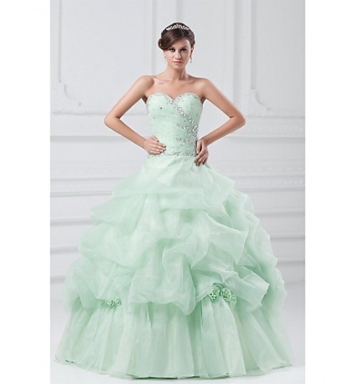 Formal Evening Dress Ball Gown Sweetheart Floor-length Organza with Crystal Detailing / Flower(s) / Pleats  