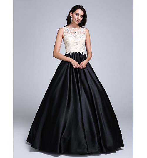 Prom Dress Ball Gown Jewel Floor-length Lace / Stretch Satin with Appliques / Beading  