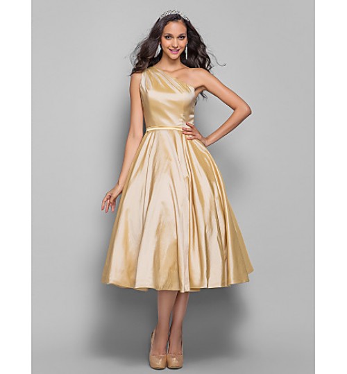 TS Couture? Cocktail Party / Homecoming / Prom Dress - Elegant Plus Size / Petite A-line / Princess One Shoulder Tea-length Taffeta withSash / Ribbon  