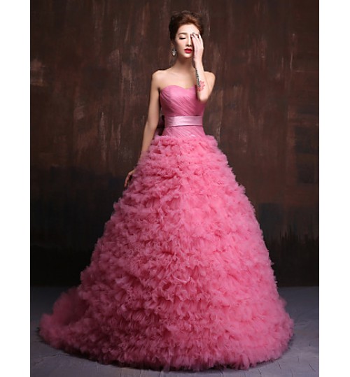 Formal Evening Dress Ball Gown Sweetheart Chapel Train Tulle / Charmeuse with Flower(s) / Sash / Ribbon / Criss Cross  