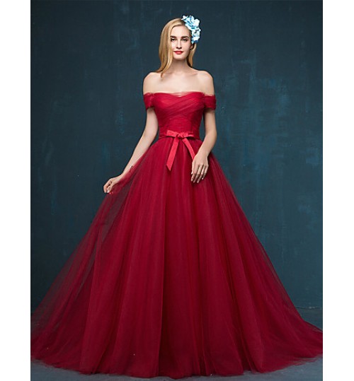 Formal Evening Dress A-line Off-the-shoulder Sweep / Brush Train Tulle with Side Draping  