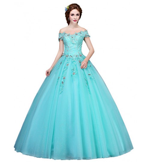 Formal Evening Dress Ball Gown Off-the-shoulder Floor-length Tulle with Appliques / Crystal Detailing  