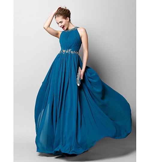 Formal Evening Dress Sheath / Column Jewel Floor-length Chiffon with Appliques / Beading / Draping / Side Draping  