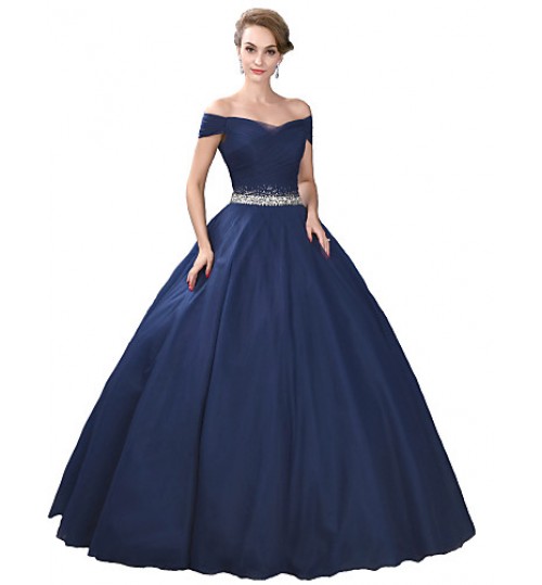 Formal Evening Dress Ball Gown Off-the-shoulder Floor-length Satin / Tulle / Stretch Satin with Crystal Detailing  