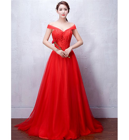 Formal Evening Dress Ball Gown V-neck Floor-length Lace / Tulle with Beading / Bandage  