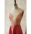 Formal Evening Dress A-line Scoop Court Train Chiffon / Lace with Appliques / Beading / Sash / Ribbon  