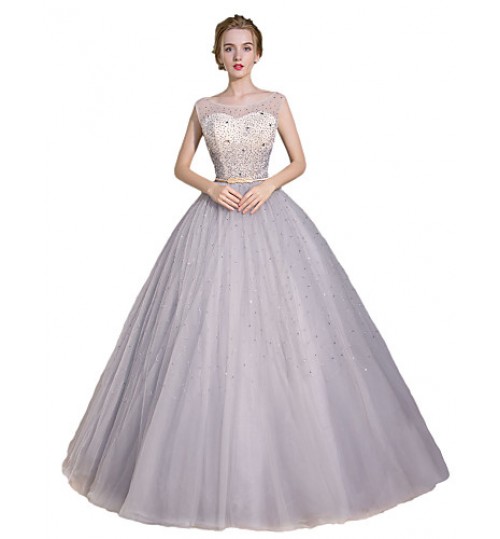 Formal Evening Dress Ball Gown Scoop Floor-length Satin / Tulle / Stretch Satin with Beading / Sequins  