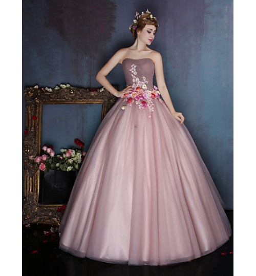 Dress Ball Gown Sweetheart Floor-length Satin / Tulle with Beading / Flower(s)  