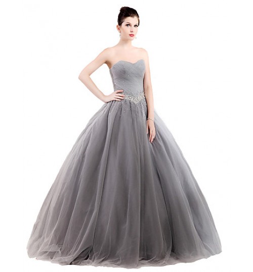 Formal Evening Dress Ball Gown Strapless Floor-length Tulle / Stretch Satin with Crystal Detailing  