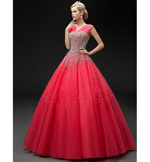 Formal Evening Dress Ball Gown Straps Floor-length Tulle with Beading / Sequins  