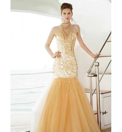 Formal Evening Dress Trumpet / Mermaid High Neck Floor-length Tulle with Beading / Sequins  