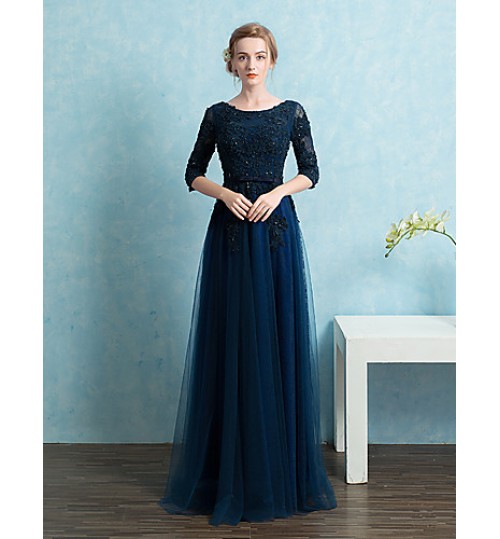 Formal Evening Dress Sheath / Column Scoop Floor-length Lace / Satin / Tulle with Beading / Bow(s) / Sash / Ribbon  