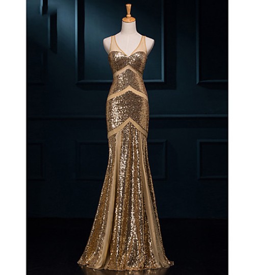 Formal Evening Dress Trumpet / Mermaid V-neck Floor-length Sequined with Sequins  