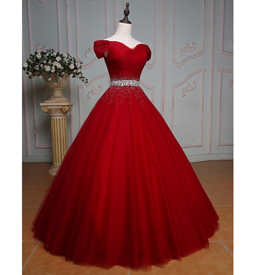 Formal Evening Dress Ball Gown Off-the-shoulder Floor-length Tulle with Beading / Crystal Detailing / Sequins  