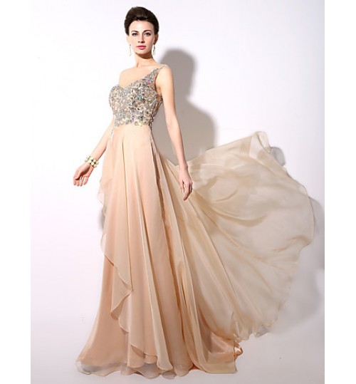 Formal Evening Dress A-line One Shoulder Floor-length Chiffon with Beading  