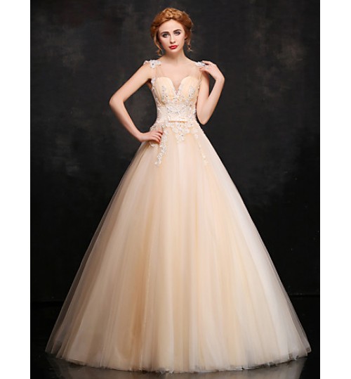 Formal Evening Dress Ball Gown V-neck Floor-length Lace / Satin / Tulle with Appliques / Beading / Flower(s) / Lace  