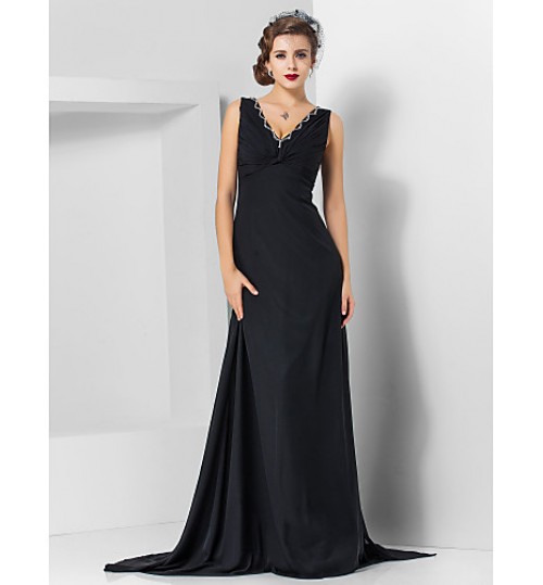 TS Couture? Formal Evening / Military Ball Dress - Elegant Plus Size / Petite Sheath / Column V-neck Watteau Train / Sweep / Brush Train Chiffon  