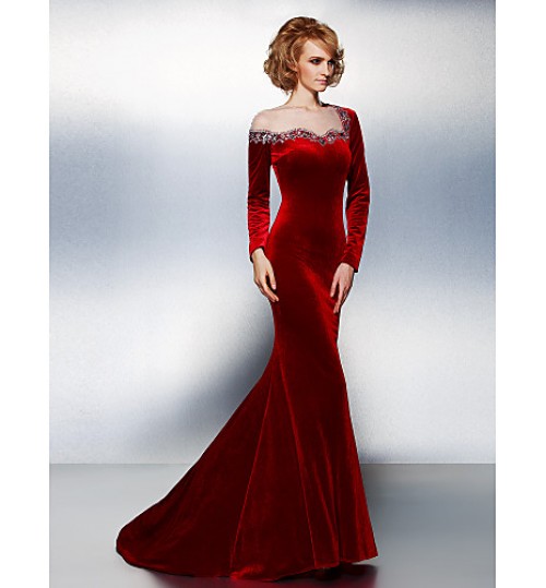 TS Couture? Formal Evening / Black Tie Gala Dress Plus Size / Petite Trumpet / Mermaid Jewel Court Train Velvet with Beading / Crystal Detailing  