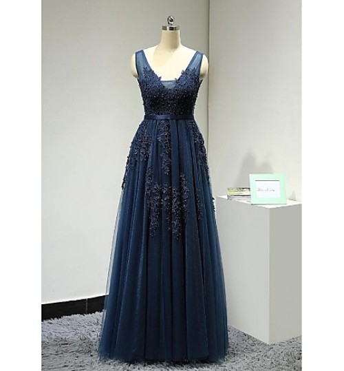 Formal Evening Dress A-line V-neck Floor-length Lace / Tulle with Appliques / Beading / Sash / Ribbon  