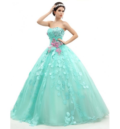 Formal Evening Dress Ball Gown Strapless Floor-length Organza / Tulle / Charmeuse with Appliques / Beading / Flower(s) / Ruching  