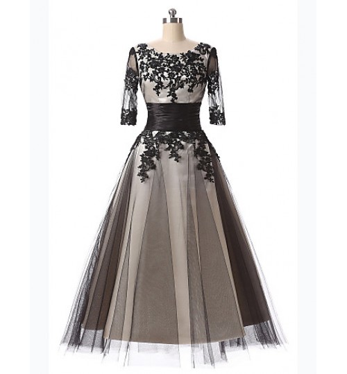 Formal Evening Dress A-line Scoop Tea-length Lace with Appliques / Embroidery / Lace  