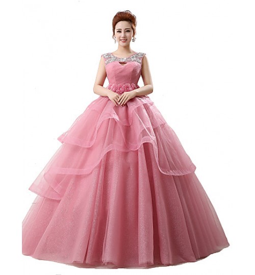 Formal Evening Dress Ball Gown Scoop Chapel Train Tulle / Stretch Satin with Crystal Detailing  