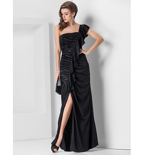 TS Couture? Formal Evening / Military Ball Dress - Elegant Plus Size / Petite Sheath / Column One Shoulder Floor-length Jersey with Beading / Side  