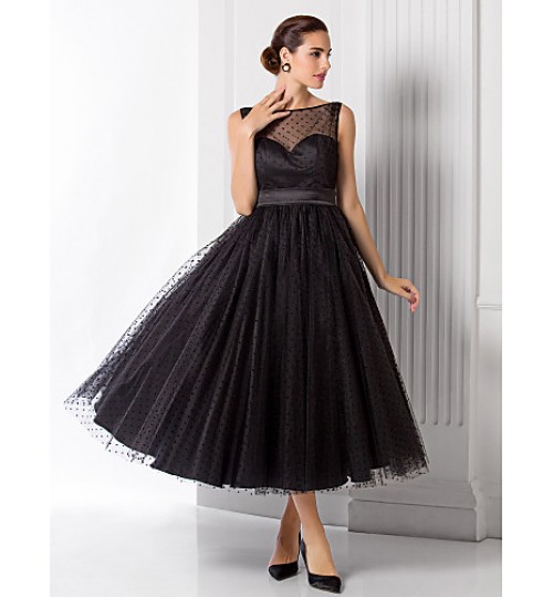 TS Couture? Formal Evening Dress - See Through / 1950s Plus Size / Petite A-line / Princess Bateau Tea-length Tulle with Sash / Ribbon  