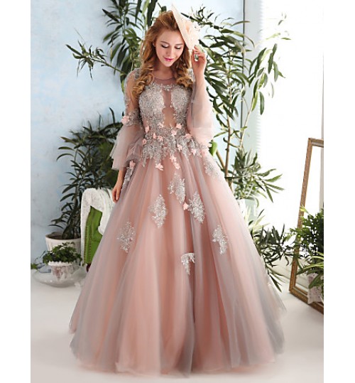 Formal Evening Dress Ball Gown Jewel Floor-length Lace / Tulle with Beading / Flower(s) / Lace / Pattern / Print  