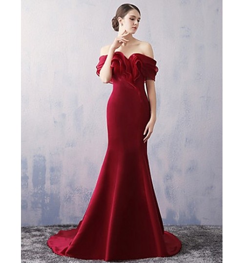 Formal Evening Dress Trumpet / Mermaid Off-the-shoulder Court Train Organza / Satin with Ruffles  