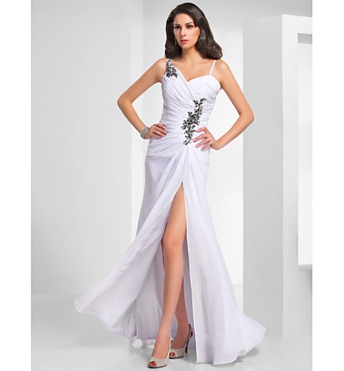 Formal Evening / Military Ball Dress - Elegant Sheath / Column V-neck / Spaghetti Straps Floor-length Chiffon withAppliques / Draping /  