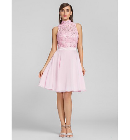 TS Couture? Cocktail Party / Homecoming / Prom Dress - Short Plus Size / Petite A-line High Neck Knee-length Chiffon / Lace with Appliques / Beading  